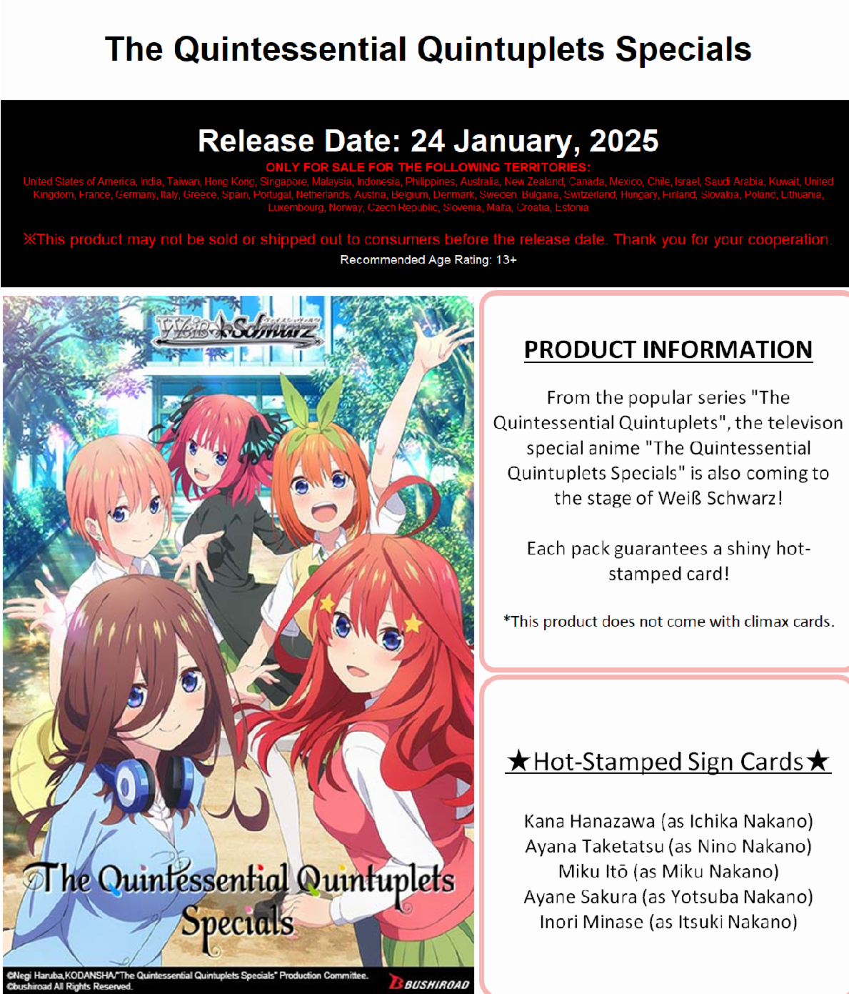 Weiss Schwarz English Premium Booster Premium Booster "The Quintessential Quintuplets Specials" Box / Case Weiss Schwarz English Premium Booster Premium Booster "The Quintessential Quintuplets Specials" Box / Case